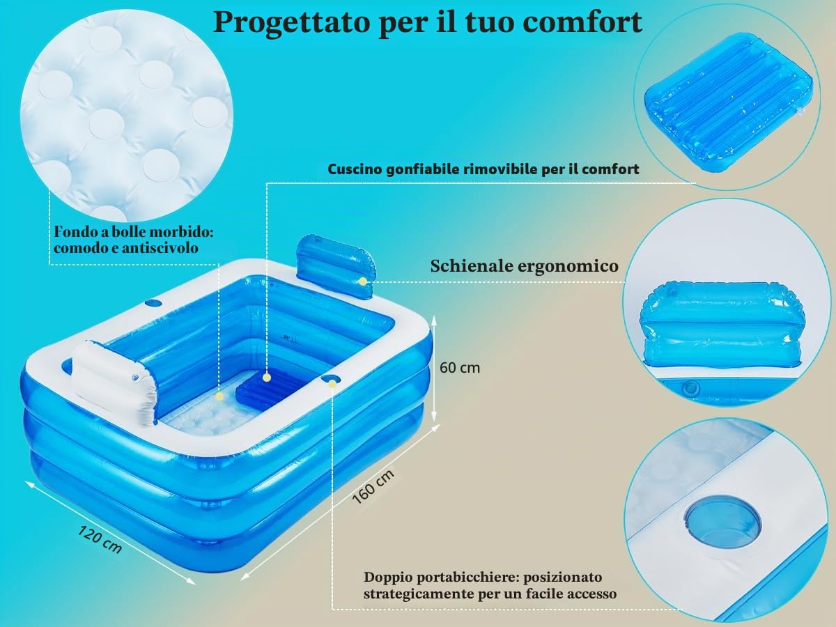 Piscina gonfiabile, vasca da bagno pieghevole, gonfiabile, per adulti, idromassaggio all'aperto, piscina per balcone, giardino, piscina rettangolare con grande schienale in balza e supporto
