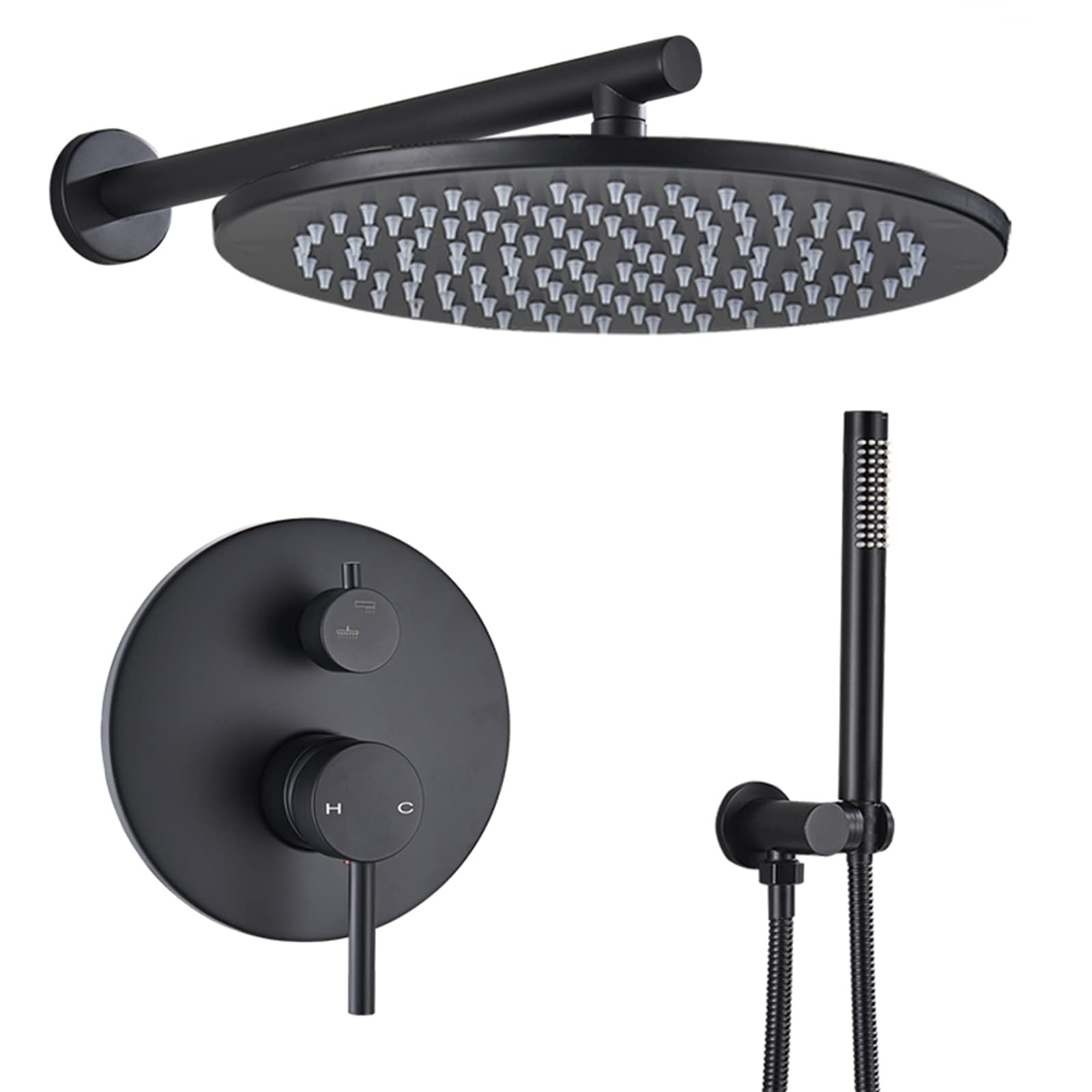 CWCQGH Shower System Concealed Brass Shower Mixer Set Wall Mounted Matte Black Shower Faucet Set with Hand Shower and Rainfall Shower Head,12