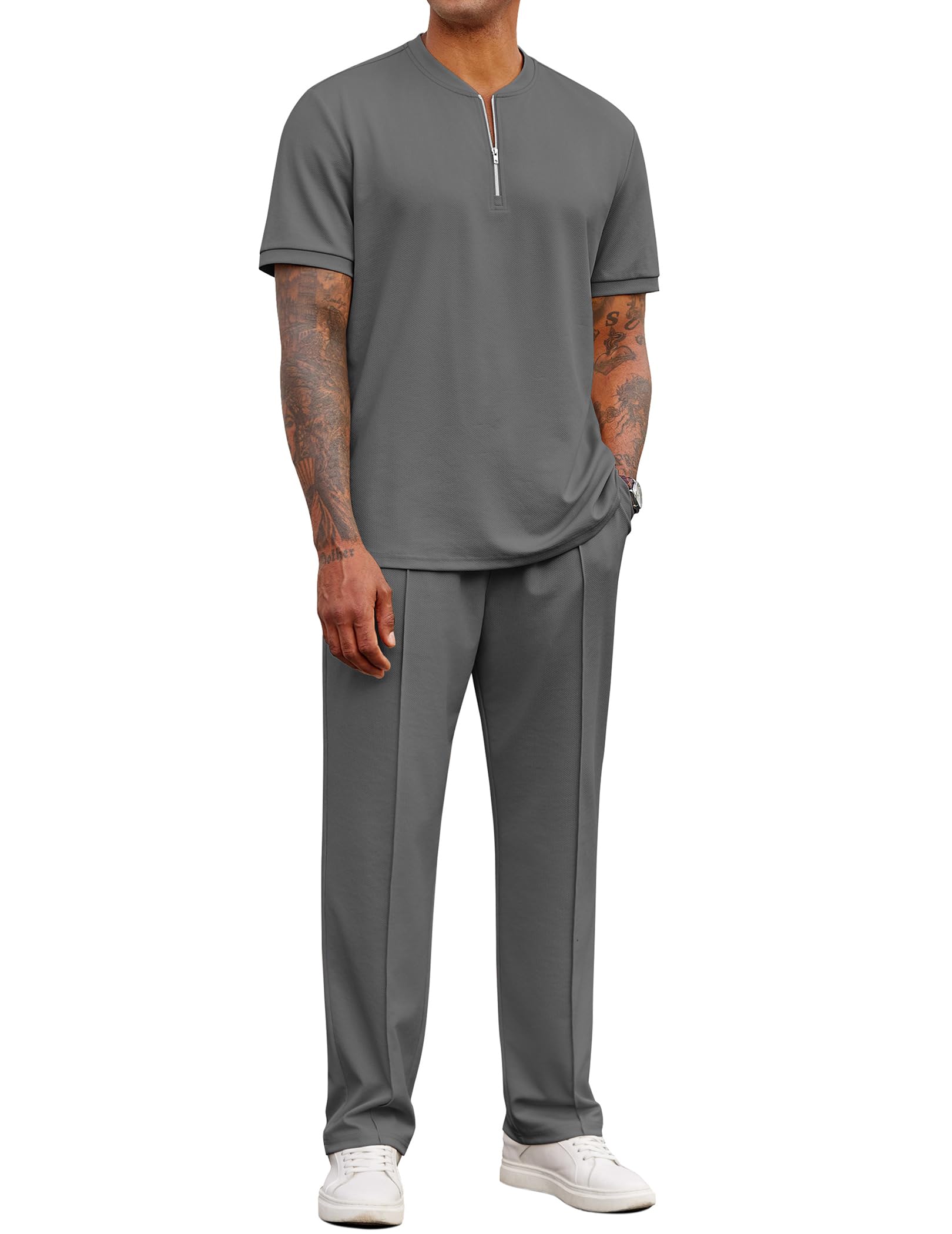 COOFANDY Mens 2 Pieces Outfits Casual Quarter Zip Polo Shirt and Jogging Pants Summer Tracksuits Set