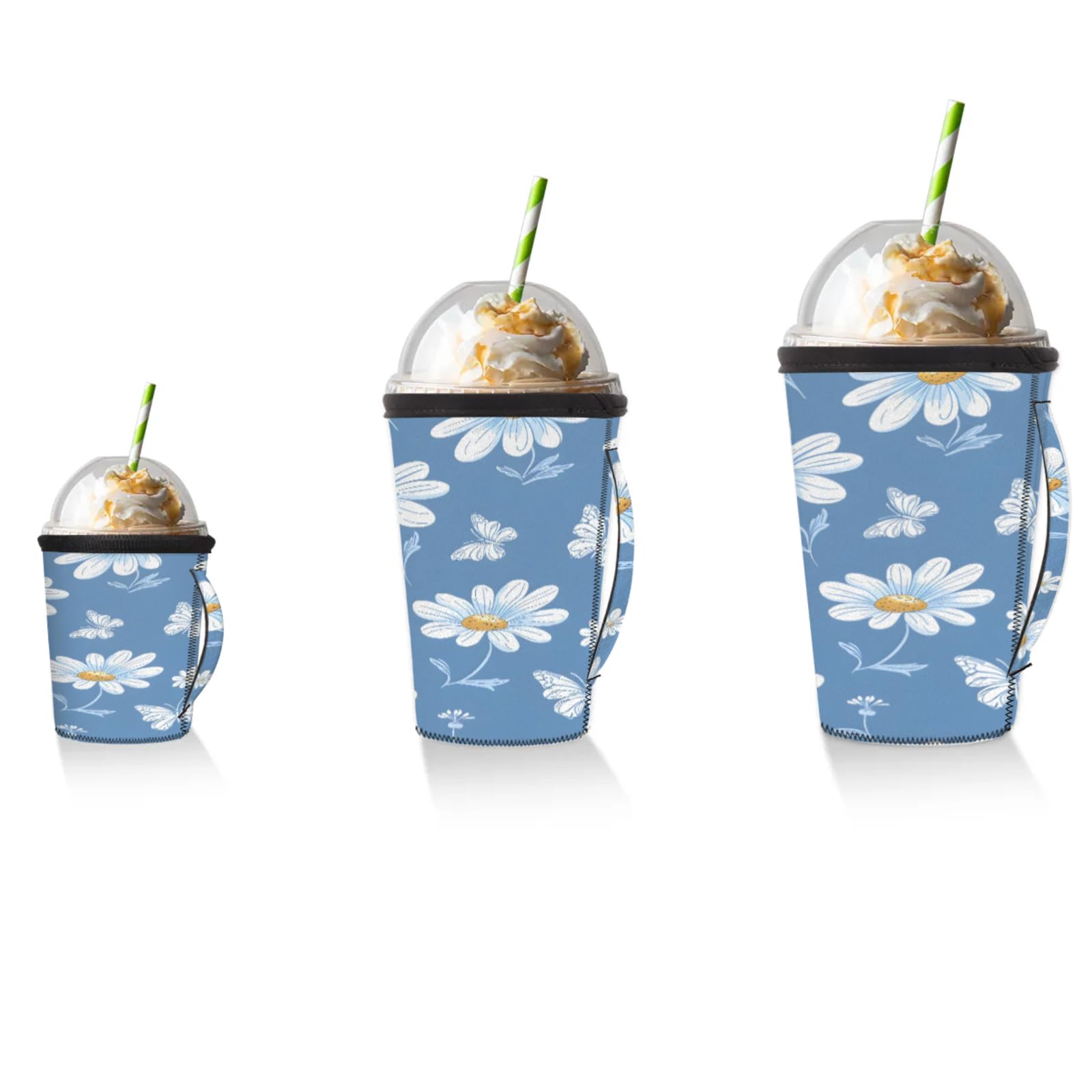 White Flower Butterfly Reusable Neoprene Coffee Sleeve with Handle Insulated Iced Coffee Cup Holder Reduces Condensation Fits 24-28 oz Cups M
