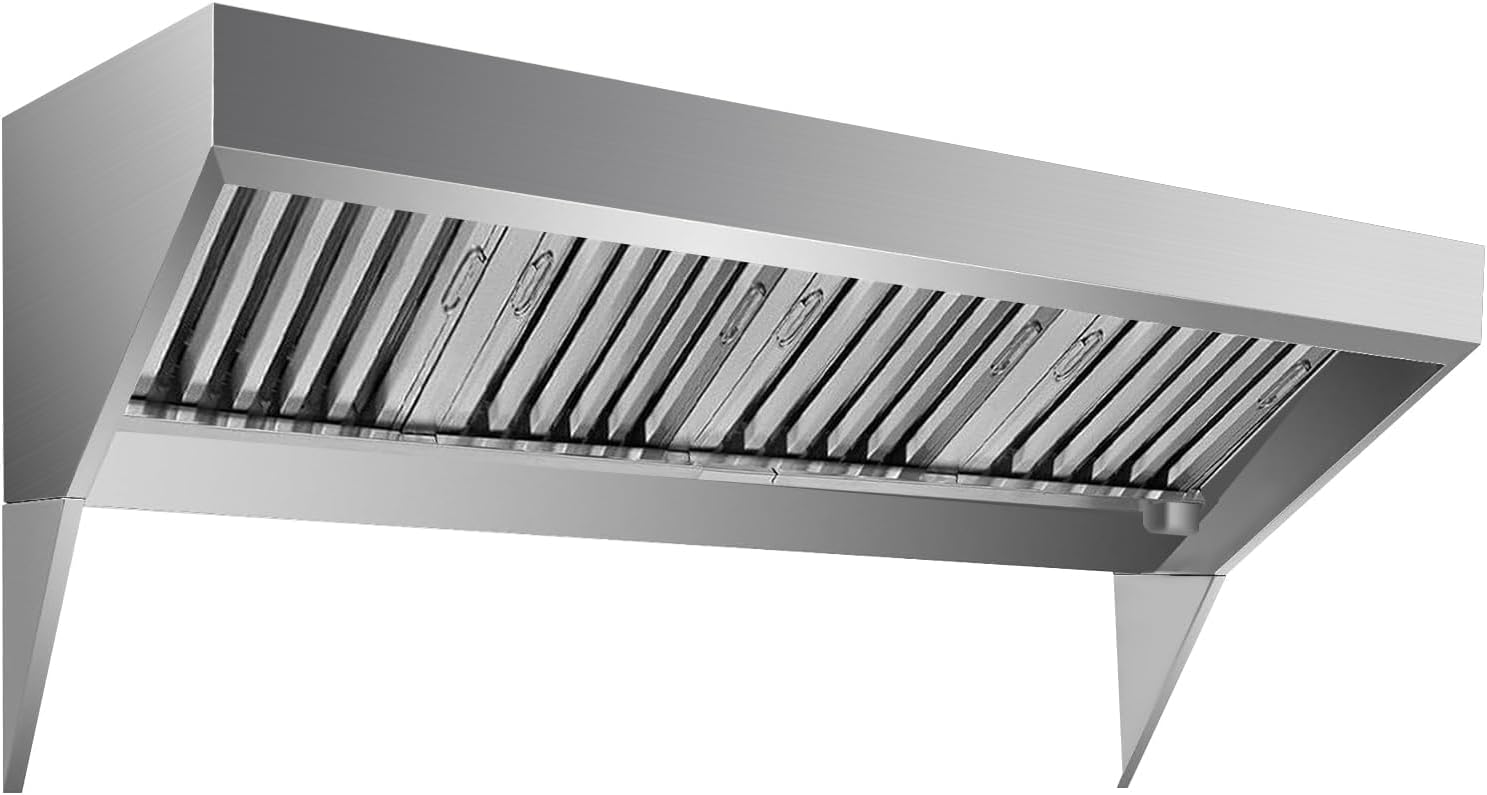 8FT Commercial Kitchen Exhaust Hood, Wall Mount Stainless Steel Vent Hood with 2 Detachable u-Shaped Filters, Rust-Resistant Food Truck & Restaurant Range Hood for Concession Trailer Cooking Station