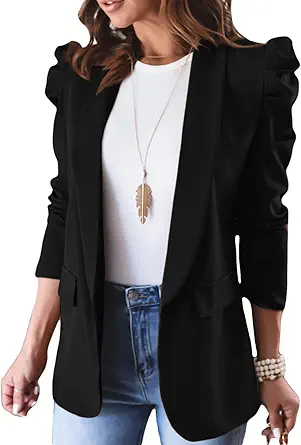 Happy Sailed Womens Blazer 2023 Open Front Puff Sleeve Office Blazers Bussiness Casual Jackets Work Suit with Pockets