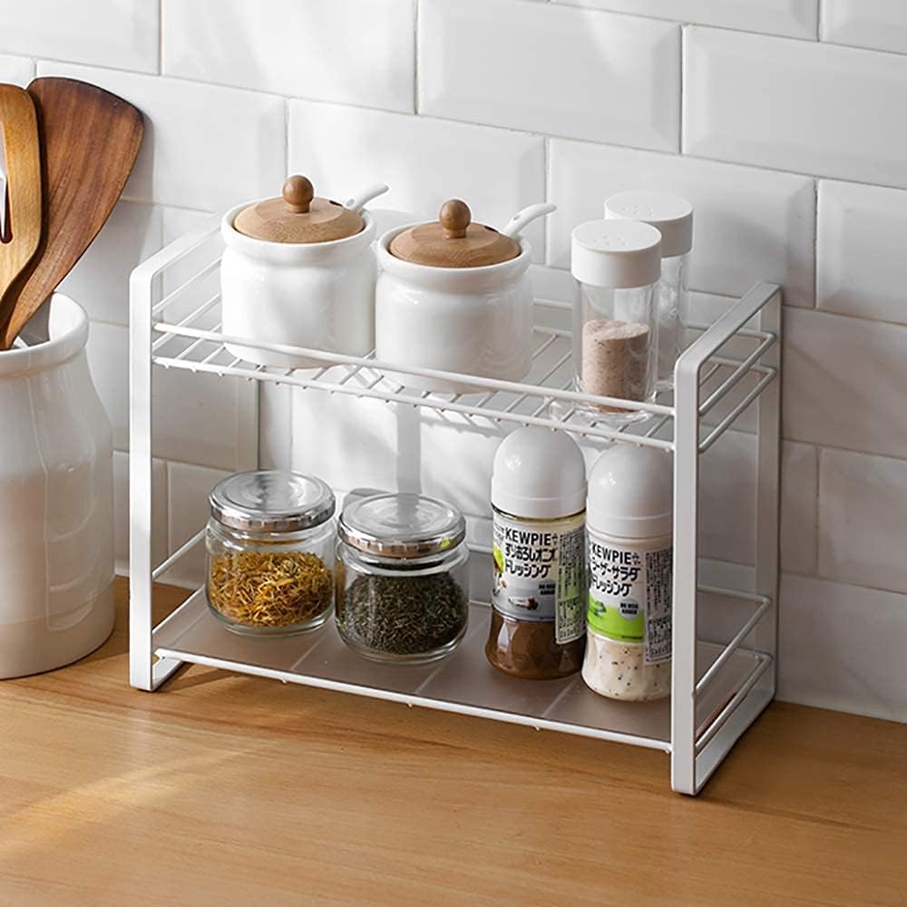 Decorlay Metal 2-Tier Kitchen Organizer Spice Rack | Bartan Stand | Jars and Bottle Holder | Storage Rack For Kitchen - White | Countertop, Tabletop | Size: 33x13x29cm
