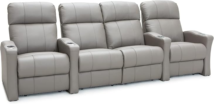 Seatcraft Napa Light Gray Italian Leather Home Theater Seating, Powered Headrest Power Recliner, Gaming and Home Office Chair, Lounge Sofa Furniture for Family Cinema Room, Row of 4 Middle Loveseats