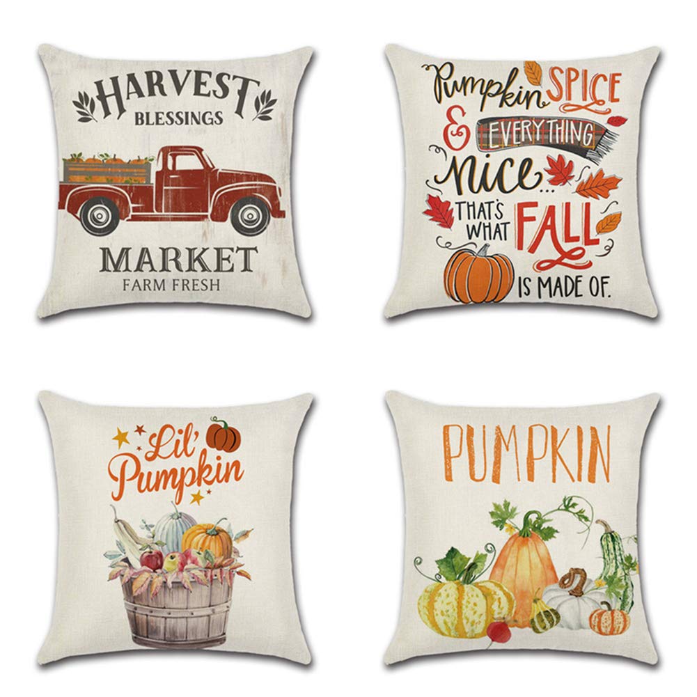 Cuscino Decorativo Autunno Ramirar: Foglie Di Zucca Blu E Bianco Con Scritta Y'all Per Ringraziamento - 45x45 Cm