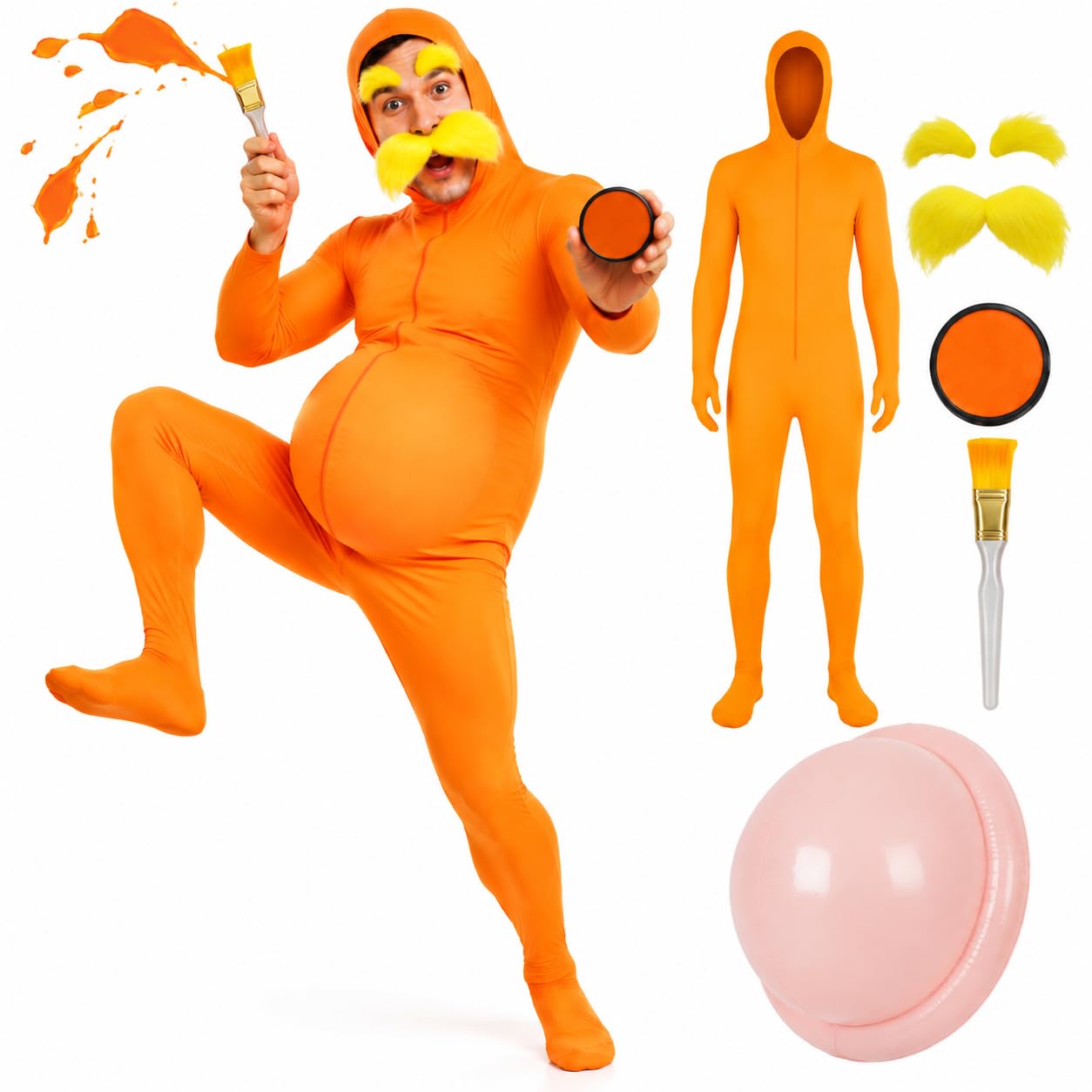 Orange Bodysuit Halloween Costume with Yellow Mustache and Eyebrows etc