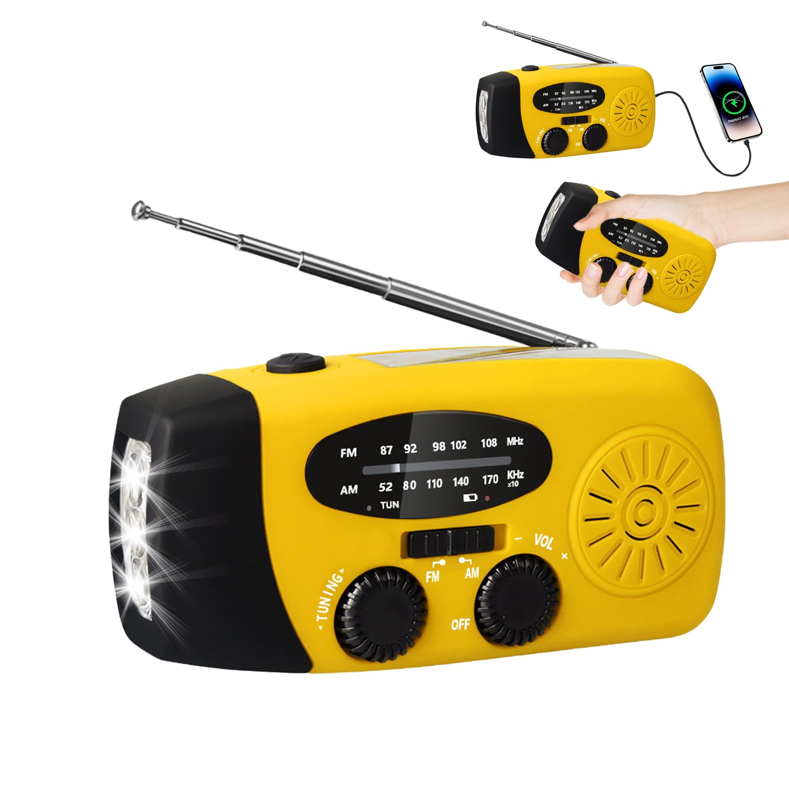 Radio à manivelle solaire LED AM/FM météo recharge téléphone portable camping randonnée urgence jaune