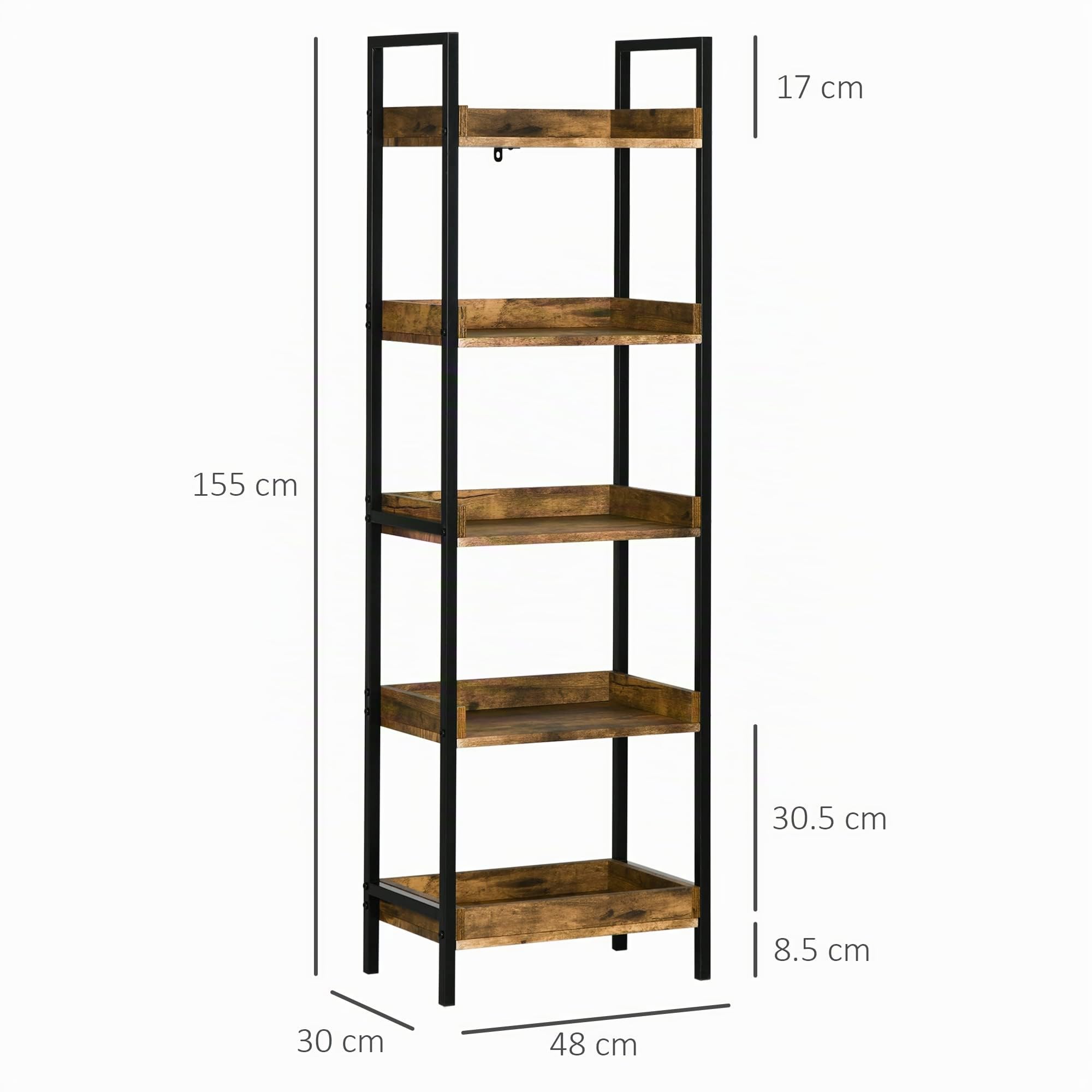 HOMCOM Librería de Estilo Industrial con 5 estantes, estantería de Madera y Metal para el hogar y la Oficina, 48x30x155cm, marrón rústico | Mueble librería de madera y metal para casa u oficina