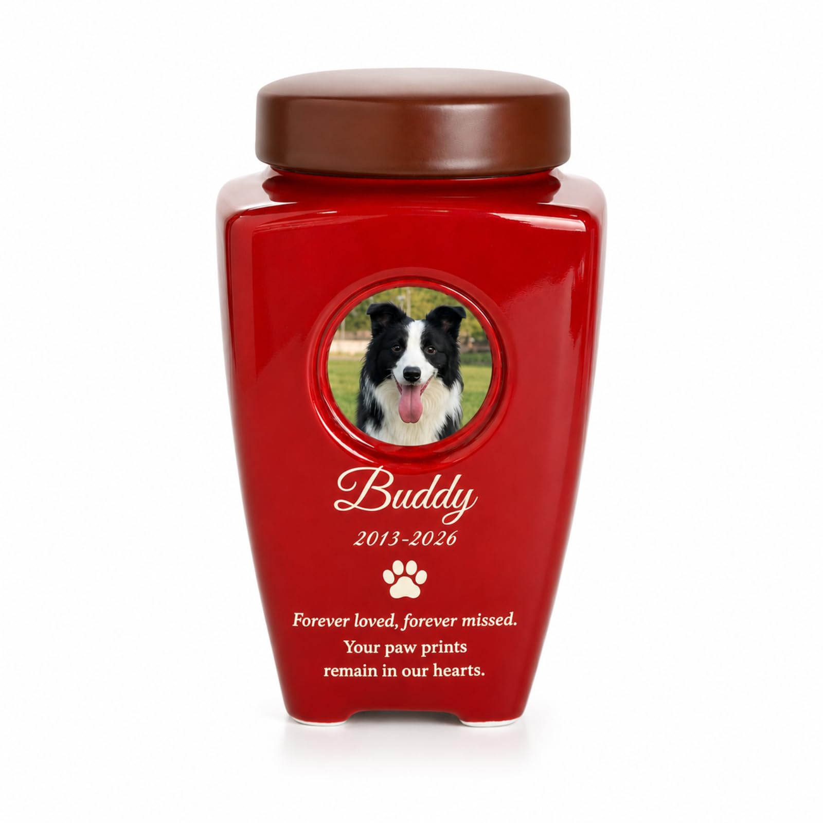 Personalized Ceramic Pet Urn for Dog and Cat Ashes, Custom Colorful Portrait with Name and Dates, Small Custom Pet Urn up to 45 lbs, with Velvet Bag, Red