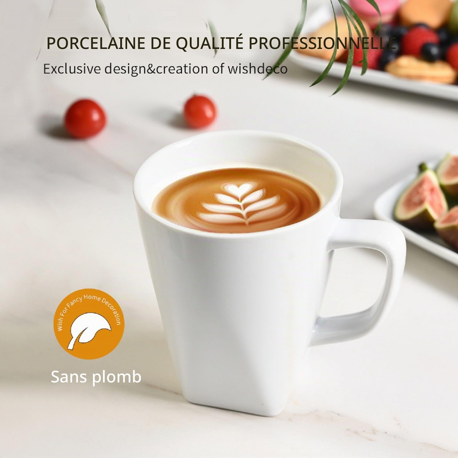 WishDeco Lot de 6 Tasses à Café, Mugs Blancs en Céramique 400 ml | Tasses à thé avec Anse, Grandes Tasse pour Lait, Jus de Fruit, Chocolat Chaud, Cappucino, Café latte, Fond Carré