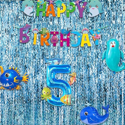 Image of Wavy Blue Streamers Party Backdrop - GREATRIL Fringe Curtain for Pool Party /Birthdays /VBS /Beach /Under Sea - 3.2ft X 6.5ft - 2 Packs