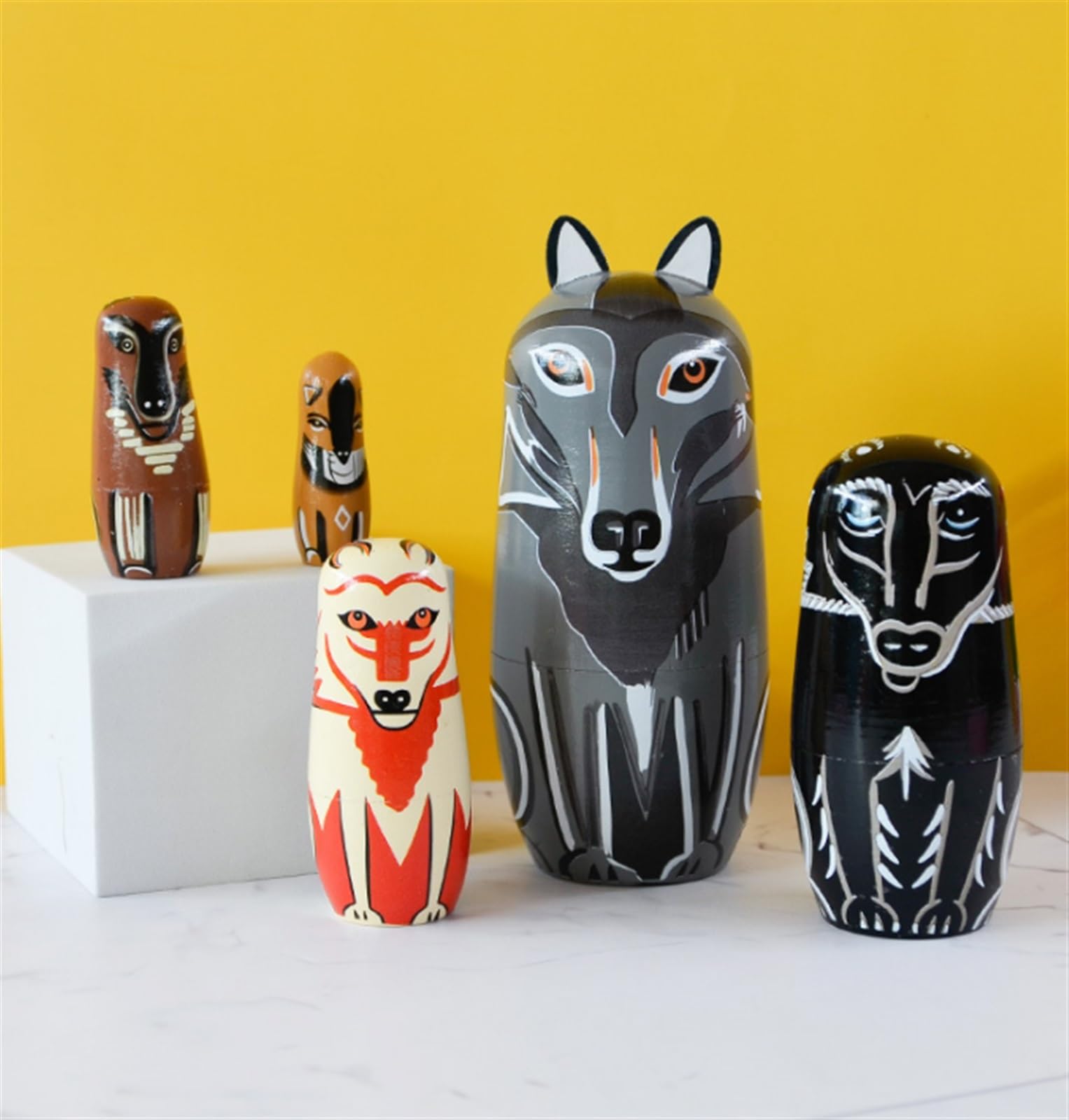 Matrioszki Matrioszka Lalka Rosyjska Rosyjskie Lalki Gniazdujące Układające Drewniane, Ręcznie Robione Lalki Matryoshka W Kształcie Wilka, 5-częściowe Urocze Zwierzę Z Kreskówek Rosyjskich Lalek Rosyj