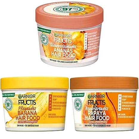 Fructis Hair Food Masks 3 Collection Nourishing 3-in-1 Hair Masks Pineapple Banana and Papaya Vegan Formulas with Natural Ingredients for More Shine and Smoothness