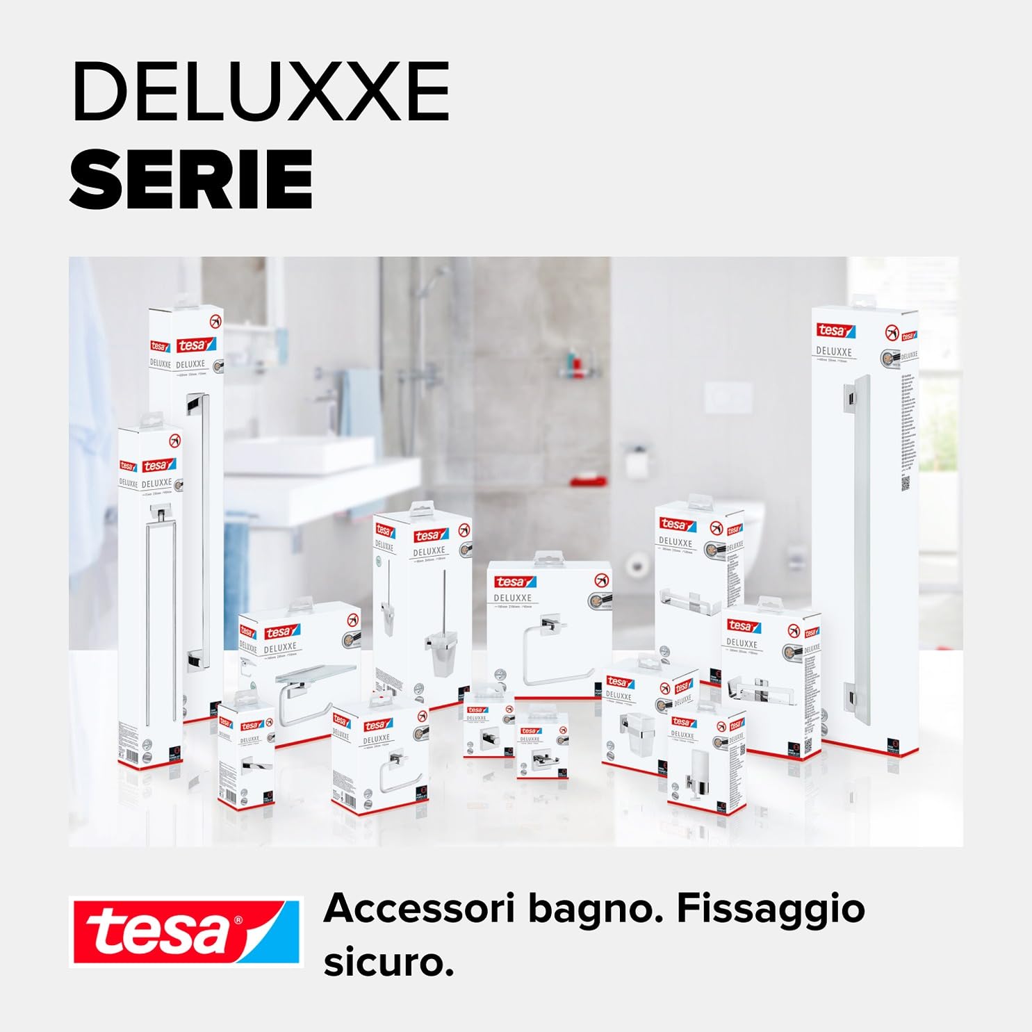 Tesa Deluxxe Portarotoli Carta Igienica con Ripiano, Autoadesivo, Cromato Lucido, Design Raffinato, Inox Assicurato, 99mm x 160mm x 139mm