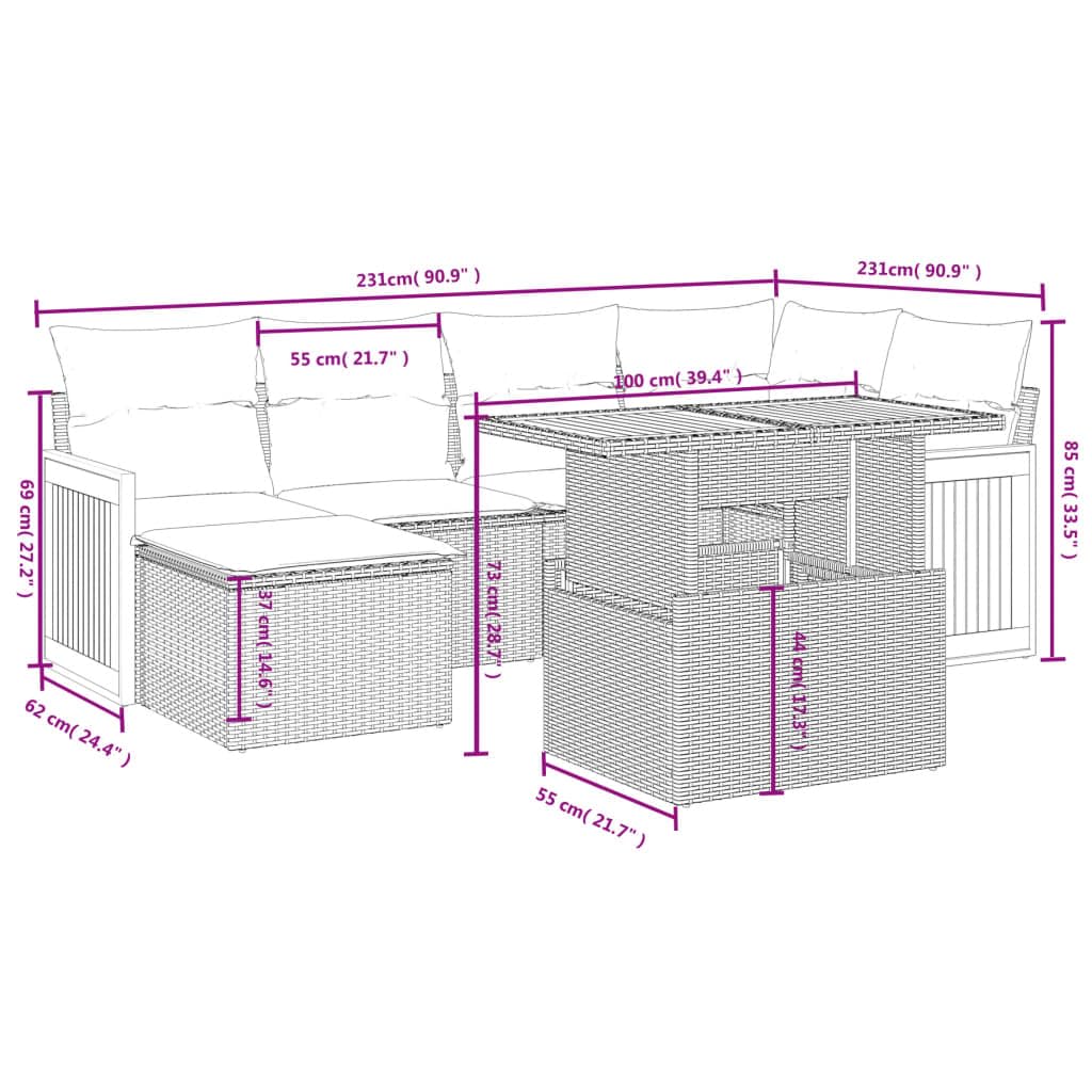 vidaXL Salon de Jardin avec Coussins 6 pcs, Canapés de Terrasse, Ensemble de Meubles de Patio, Mobilier d'Extérieur, Noir Résine Tressée
