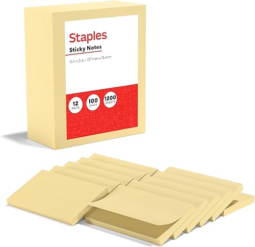 Staples 105825 Stickies - Notas recicladas de 3 x 5 pulgadas, color amarillo, 12 blocs por paquete (S-35Yr12)