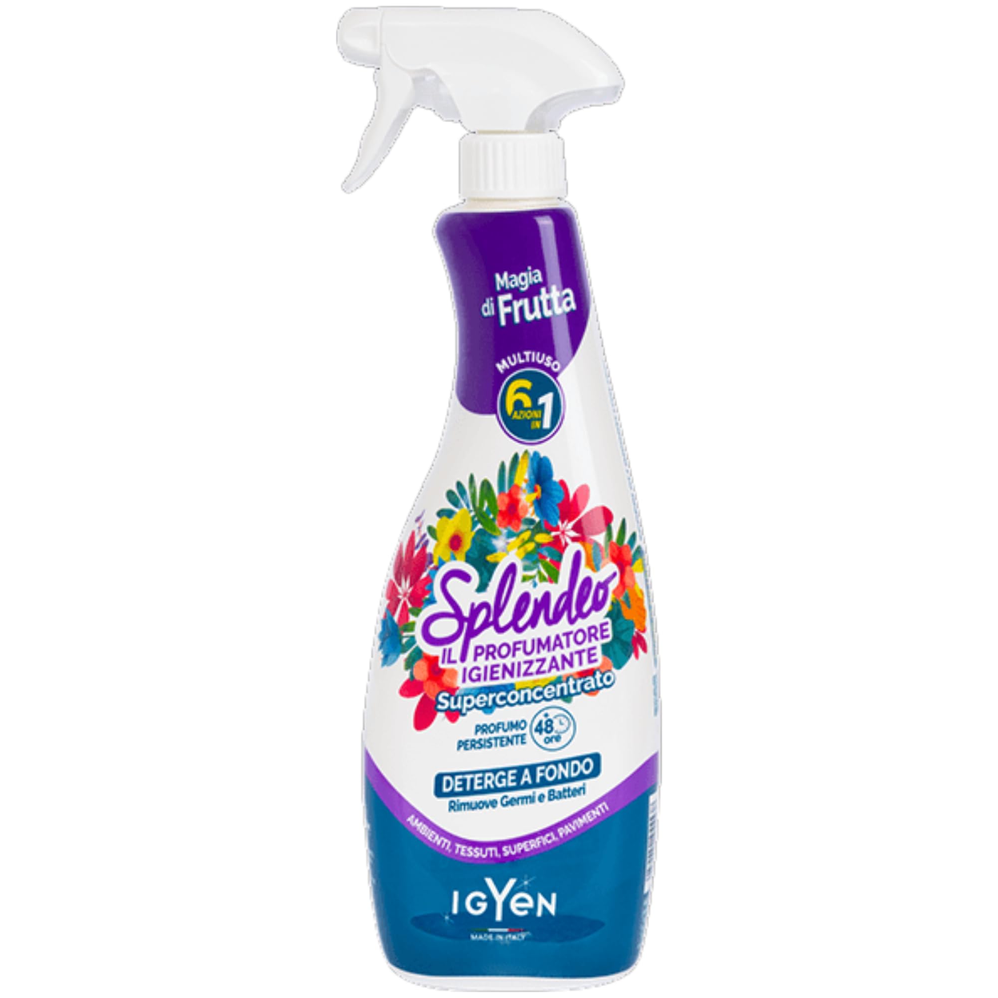 Detergente Multiuso Spray, Il Profumatore Igienizzante Superconcentrato, MAGIA DI FRUTTA. Deterge, Rimuove Germi e Batteri. Per Ambienti, Tessuti, Superfici, Pavimenti 750ml (6 Spray)+Panno In Lattice