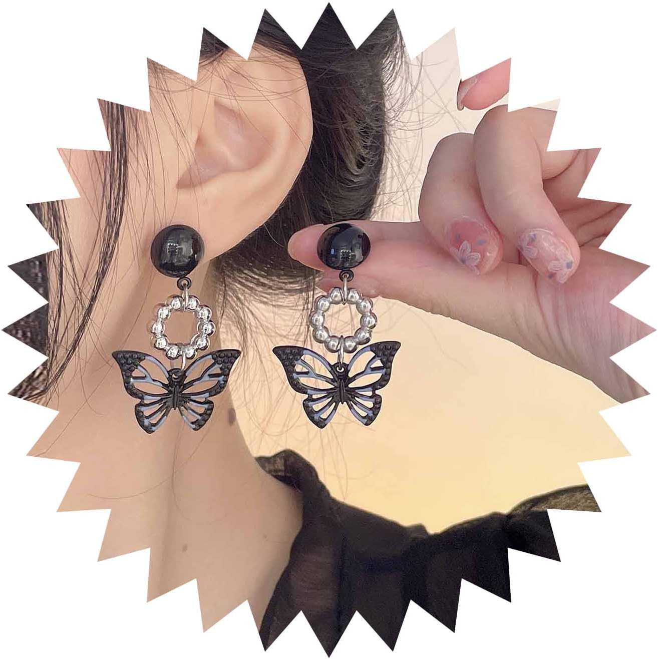 Boho Enamel Butterfly Earrings Black Butterfly Drop Earrings Vintage Onyx Round Stud Earrings Silver Circle Dangle Earrings Jewelry for Women