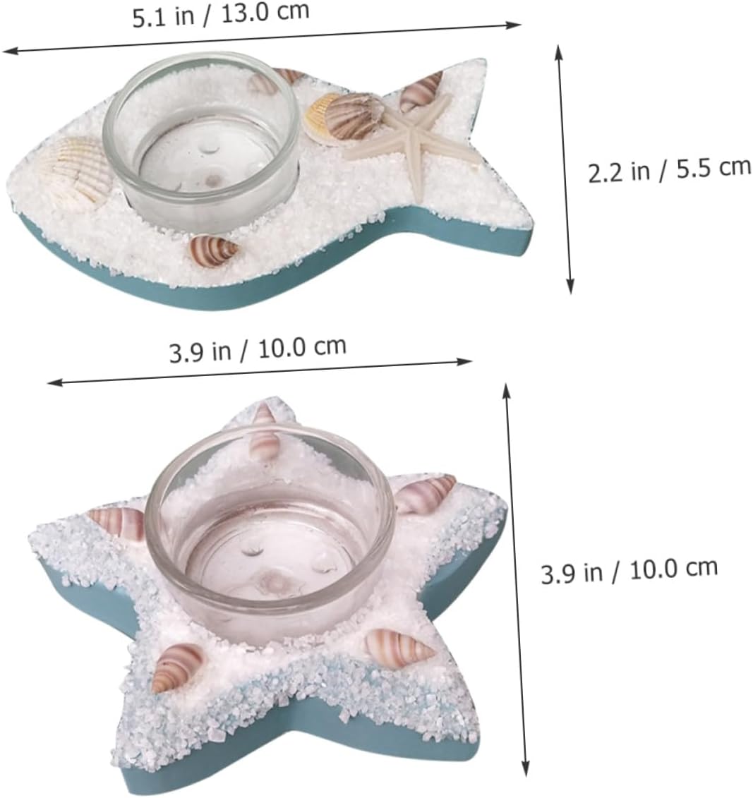 Nautical Desktop Candle Holder Set, Mediterranean Table Centerpiece with Glass Base, Wooden Sea Star and Fish Candlesticks for Coastal Dining Decor, 2pcs Candle Stand Collection