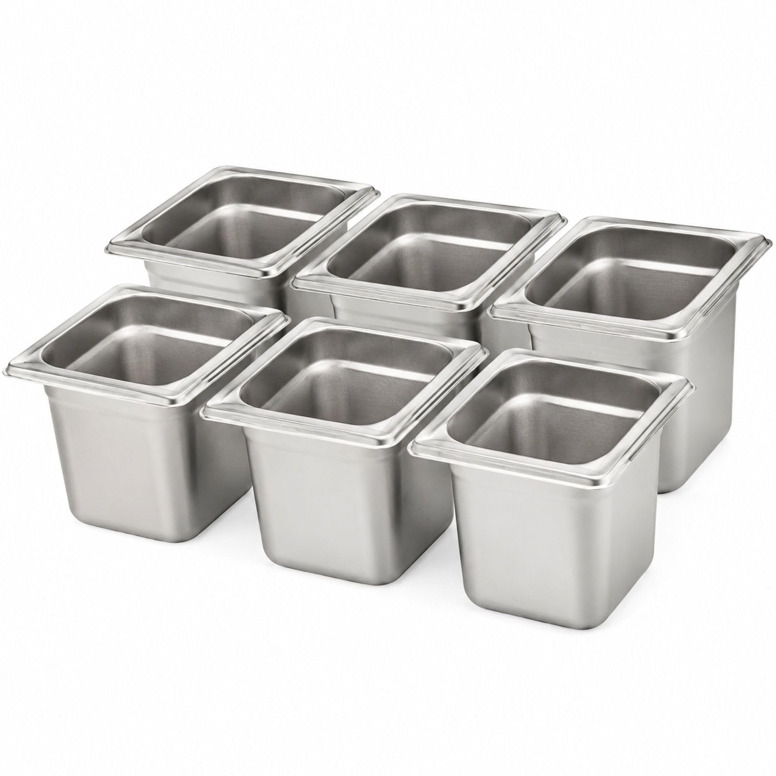 Pojemniki Gastronorm Zestaw 6 Sztuk, Rozmiar 1/6, Stal Nierdzewna 201, 2,42 l, Srebrne, do Bufetu Cateringu Kuchni