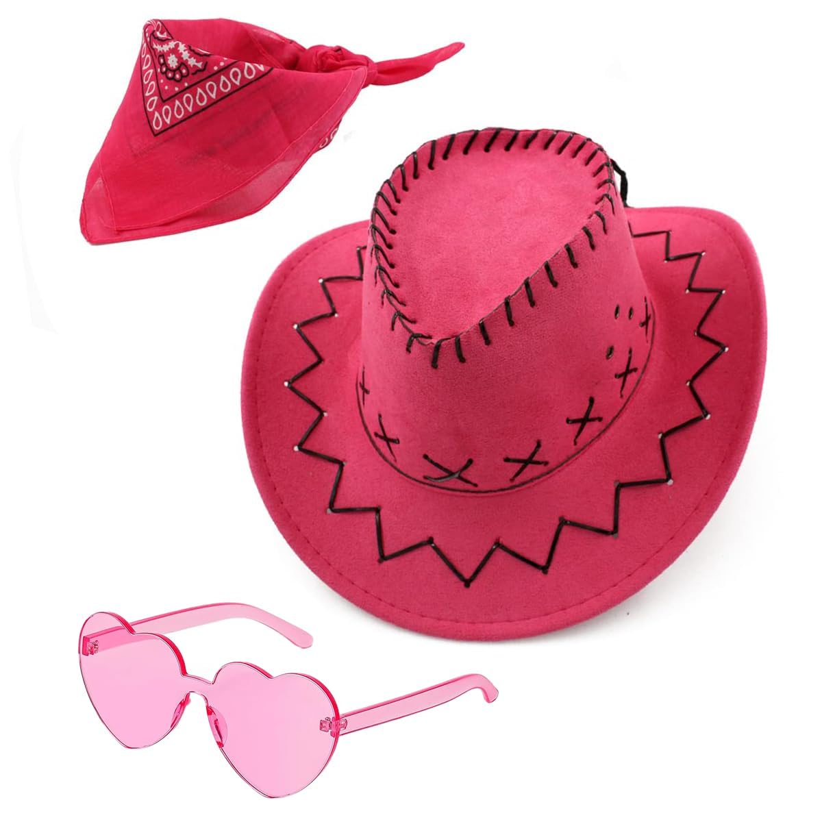 Carnavalife Sombrero Cowboy Cowgirl de Vaquero+Pañuelo Bandanas +Gafas de Corazon, Western Occidental Oeste Country Disfraz para Adulto y Niños para Fiesta y Cumpleaños