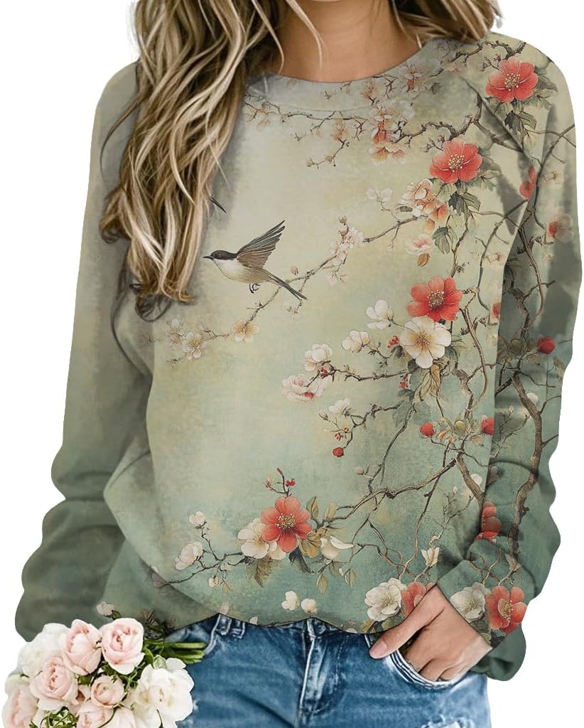 Japanese Art Floral Print Sweatshirts for Women Long Sleeve Crew Neck Graphic Sweatshirt Loose Fit Comfy Fall Clothes