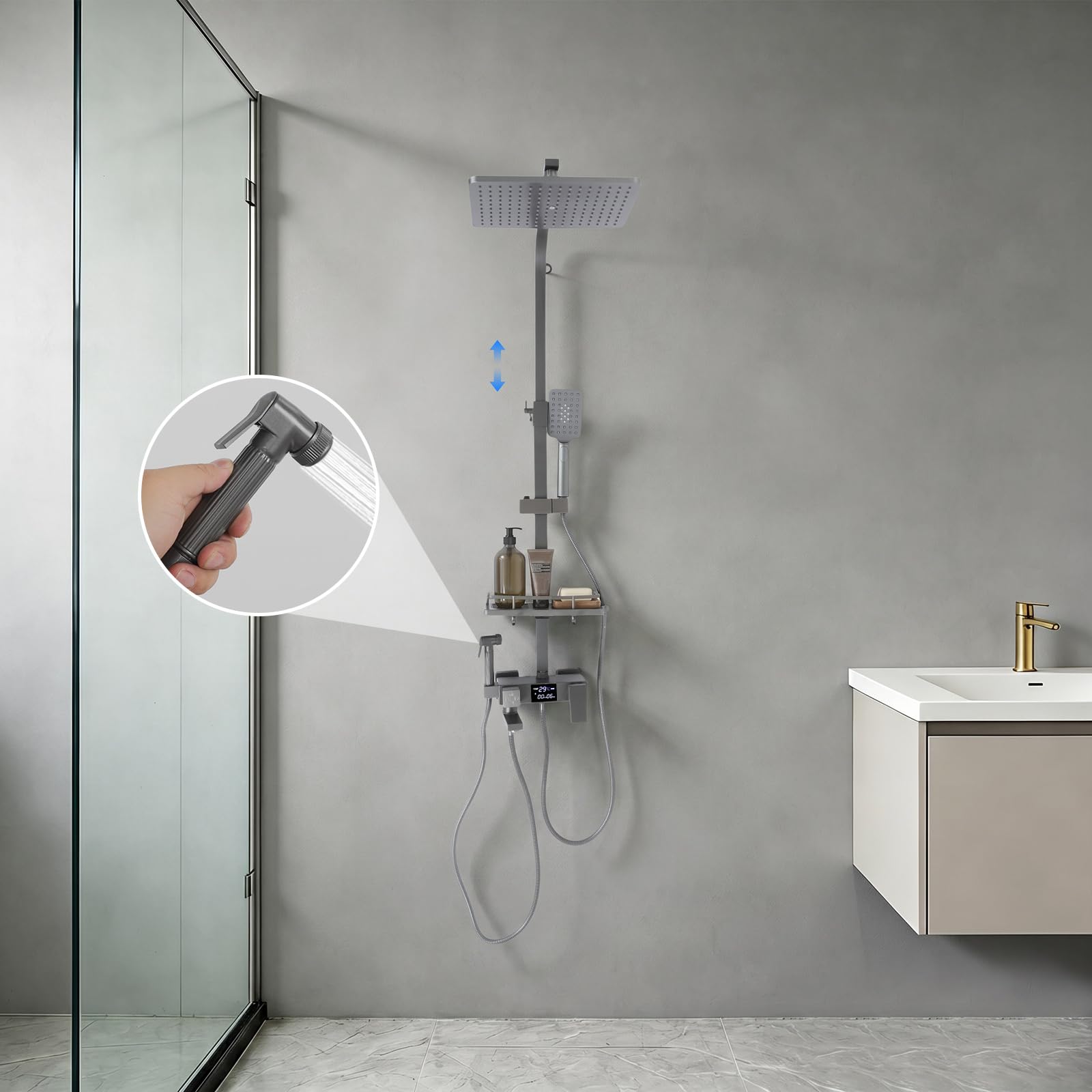 Kompletny zestaw z ekranem LED, zestaw prysznicowy z deszczownicą, czarna, energooszczędna głowica prysznicowa, ceramiczna wkładka zaworowa, system prysznicowy, drążek prysznicowy z regulacją