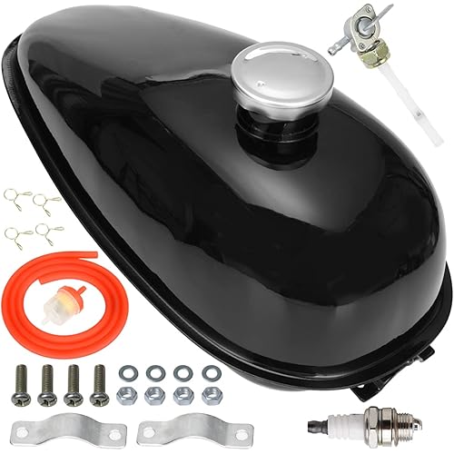 FVRITO Metal Motorized Bike Gas Tank 4L Compatible with 2 Stroke 49cc 60cc 66cc 80cc Engine Motorized Bicycle, Fuel Tank 1.06 Gallons with Gas Tank Cap Motor Motorcycle Replacement Parts