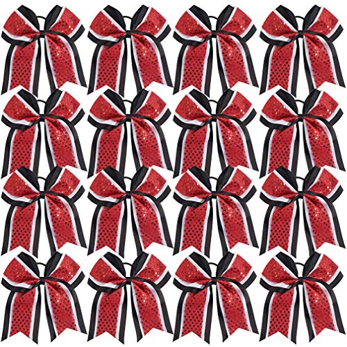 Large Glitter Cheer Bows Girls Red Black Ponytail Holders 7" Hair Bows Bulk Elastic Hair Ties Accessories for Cheerleaders Teens Women Teams Competition Sports Pack of 16