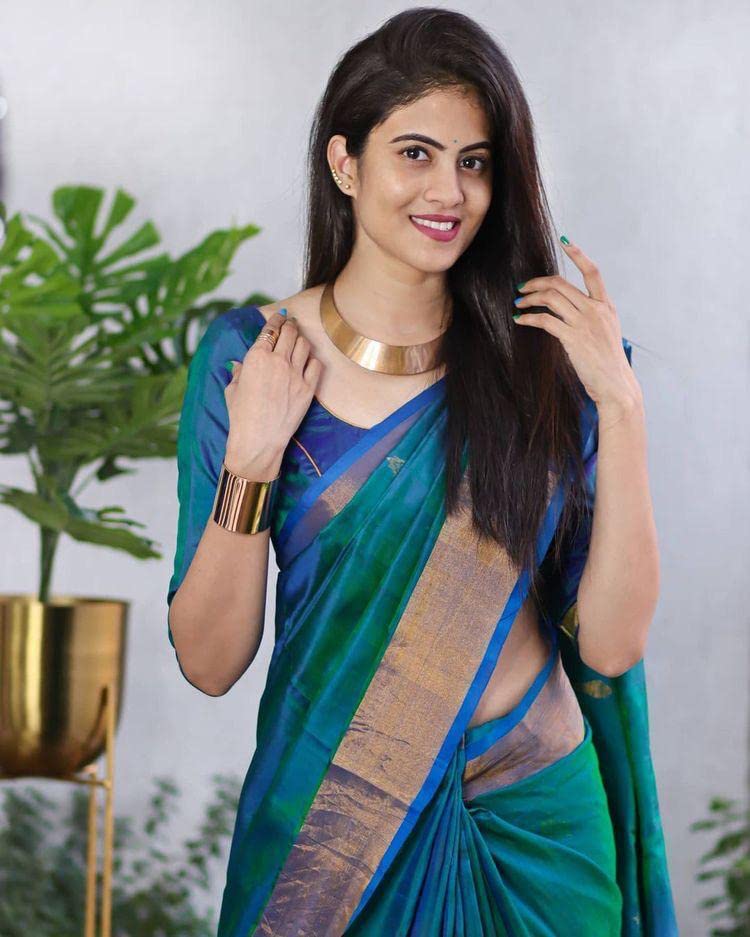 Image of Flosive Blue Silk Blend Saree for Women with Golden Zari Border | Traditional Designer Ethnic Wear Saree | Festive, Wedding & Cultural Occasion Wear | Soft Rich Pallu with Blouse Piece