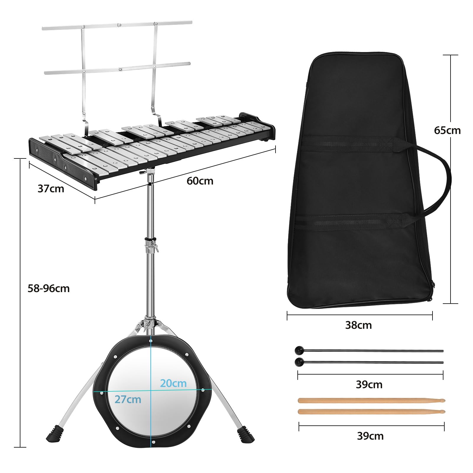 COSTWAY Set di Xilofono a 32 Note, Glockenspiel con Supporto in Metallo, Altezza Regolabile, Metallofono con Leggio per Spartiti, Mazzette, per Bambini e Adulti