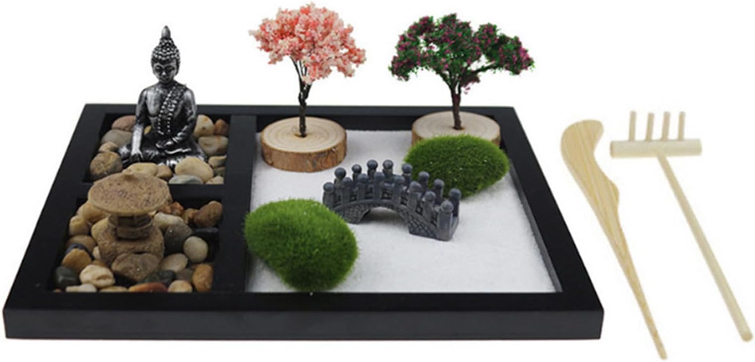 Minis Zenes Garden Set Japanese Sand for Desk with Rakes, Stand, Rock Table Accessories Meditations Gift Japanese Set for Desk