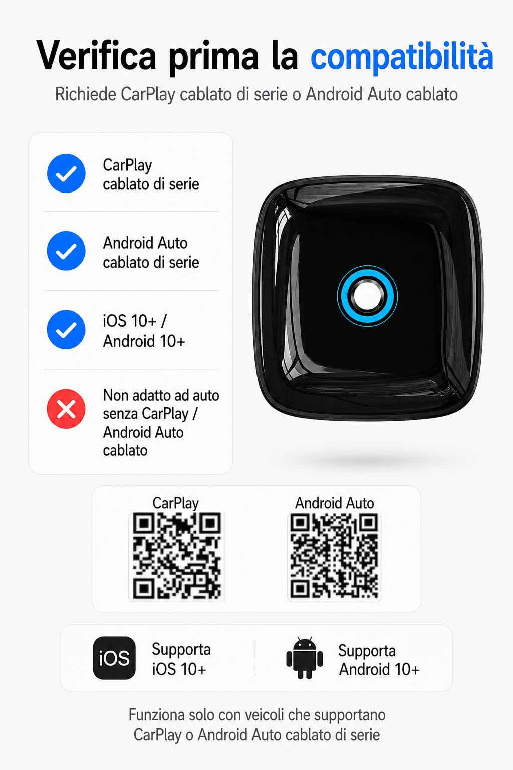 Adattatore Wireless CarPlay e Android Auto 2 in 1, Dongle Nero Ultra Mini con Pulsante Interruttore per 2 Dispositivi, WiFi 5,8 GHz, Plug & Play, USB-A/USB-C, OTA per Auto con CarPlay/Android Auto