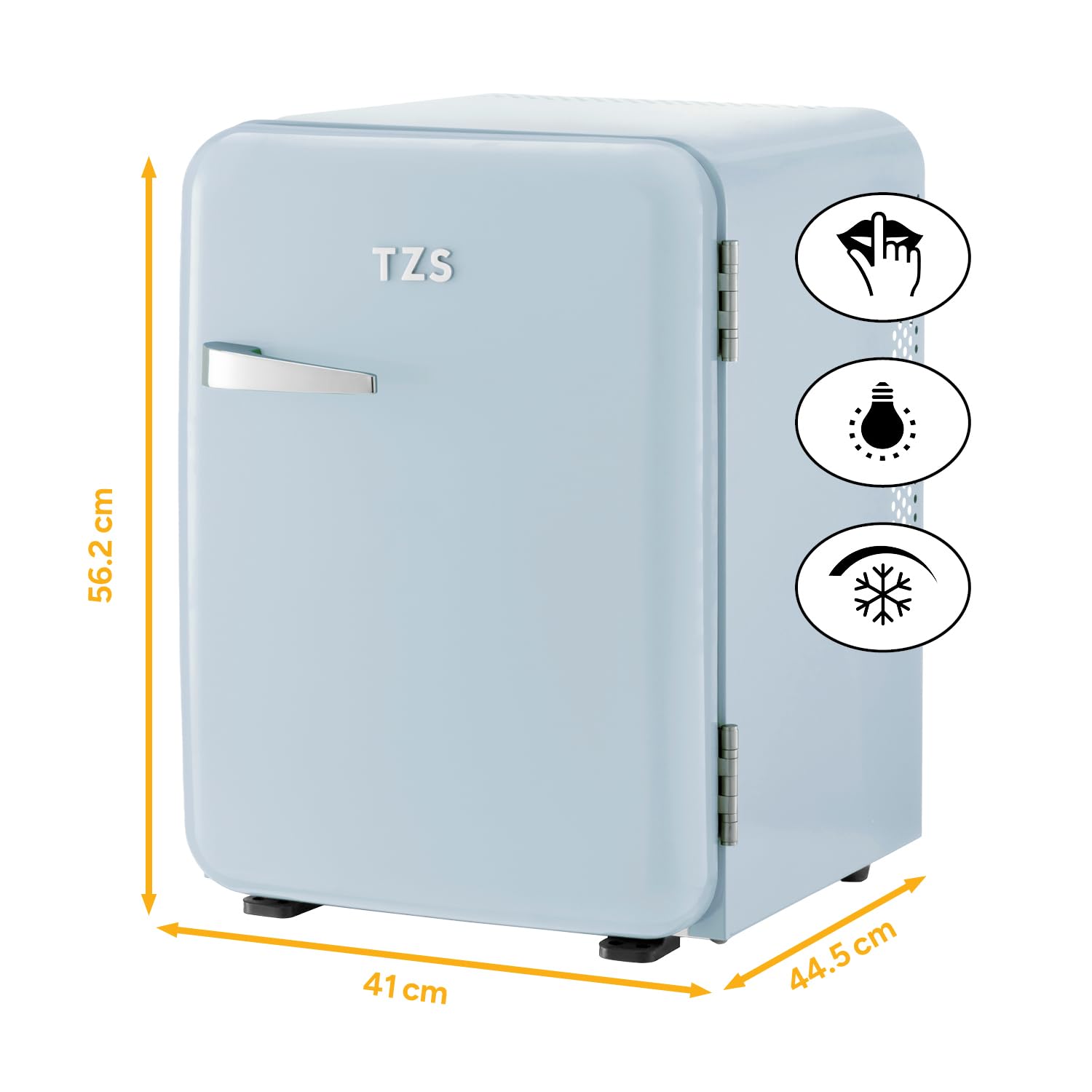 TZS First Austria Minilodówka 40 l | całkowicie bezgłośna | design retro | regulator temperatury | oświetlenie LED | 2 półki na drzwi + 6 elastycznych półek wkładanych