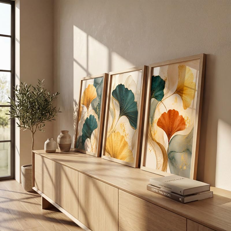 Image of NoWorries Abstract Ginkgo Leaf Wall Art Frames Set of 3 | Modern Botanical Look Paintings with Gold & Teal Leaves | Premium 300 GSM Prints in Synthetic Wooden Frames | Living Room, Bedroom, Office & Home Decor (NATURAL, ART-15, 10X13INCHES)