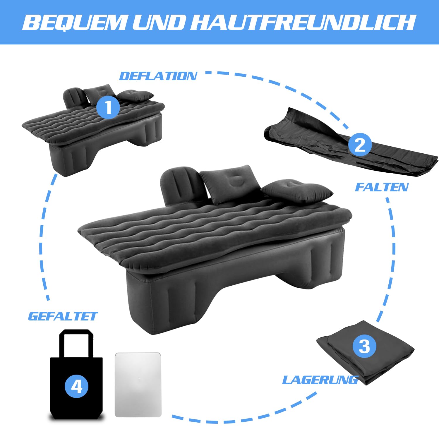 Ergocar Auto Luftmatratze Aufblasbare Matratze mit Pumpe Air Bett Camping Auto Kissen für Reisen Camping Hinterhof Strand (Schwarz)