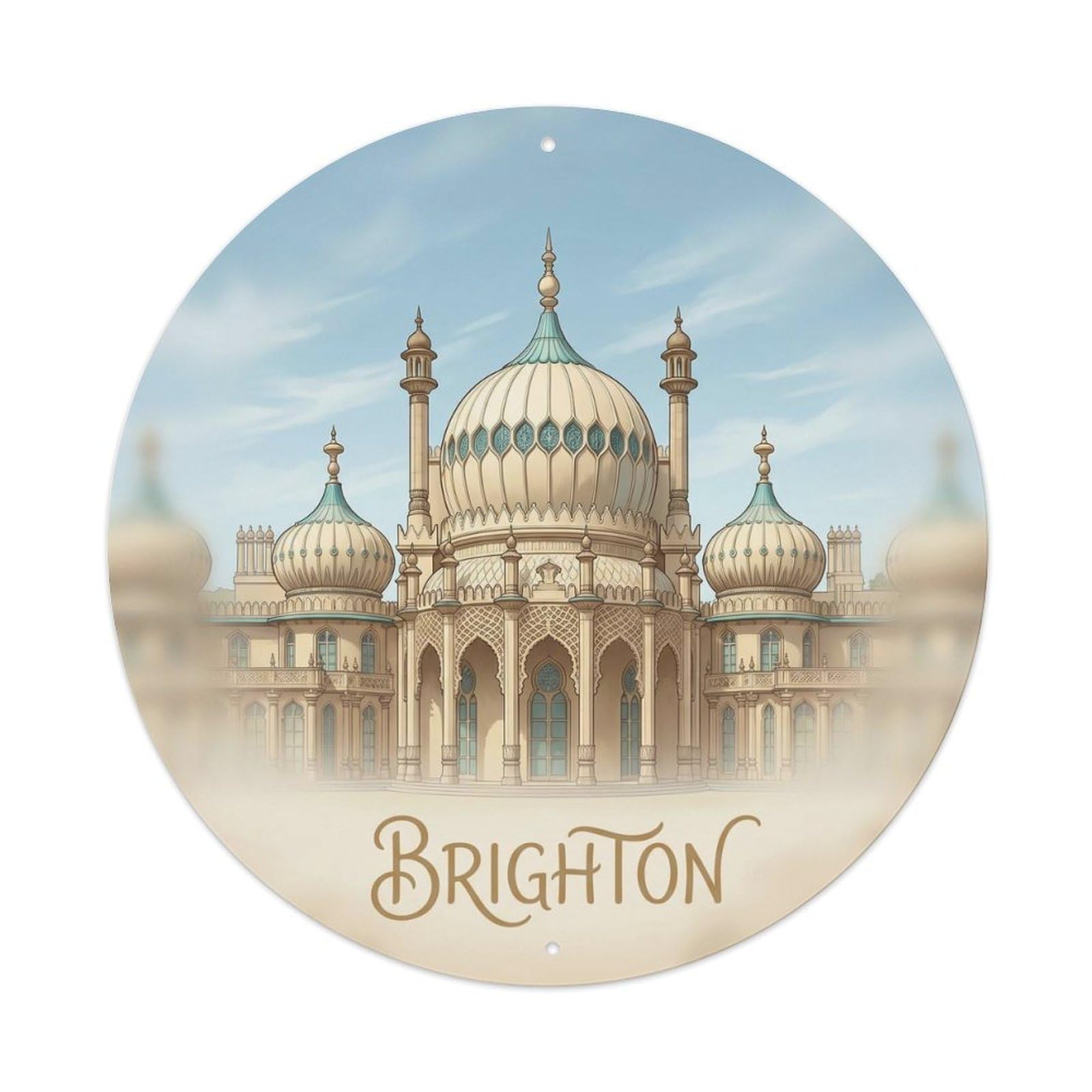 Brighton Royal Pavilion Exotic Landmark Cityscape Vintage Travel Metal Tin Sign Plaque Wall Decor for Cafe, Man Cave, Club Bar, Office, Home Garden Round Metal Poster 8x8Inch