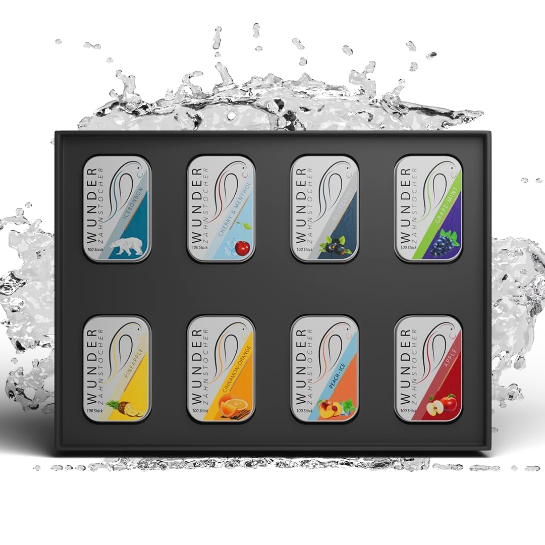 All in One Box – 8 Sorten in Metalldosen | Zahnstocher mit Geschmack Set - Probierbox & Geschenkidee