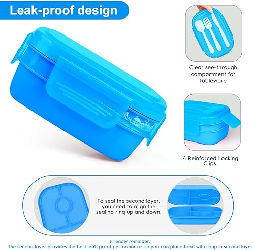 Miniatura 5 de LEITAO Kit de lonchera Bento Box, 3 contenedores apilables Bento para adultos y niños, caja duradera a prueba de fugas con accesorios de bolsa de