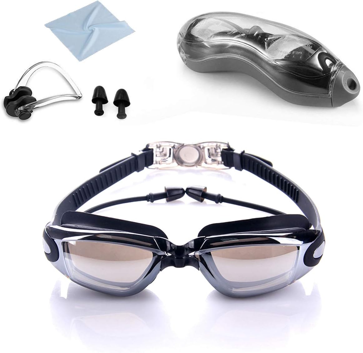 RFWIN Swim Goggles, No Leaking Anti-Fog Indoor Outdoor Swimming Goggles with UV Protection Mirrored Lenses for Adult Women Men Youth Kids with Nose Clips Ear Plugs
