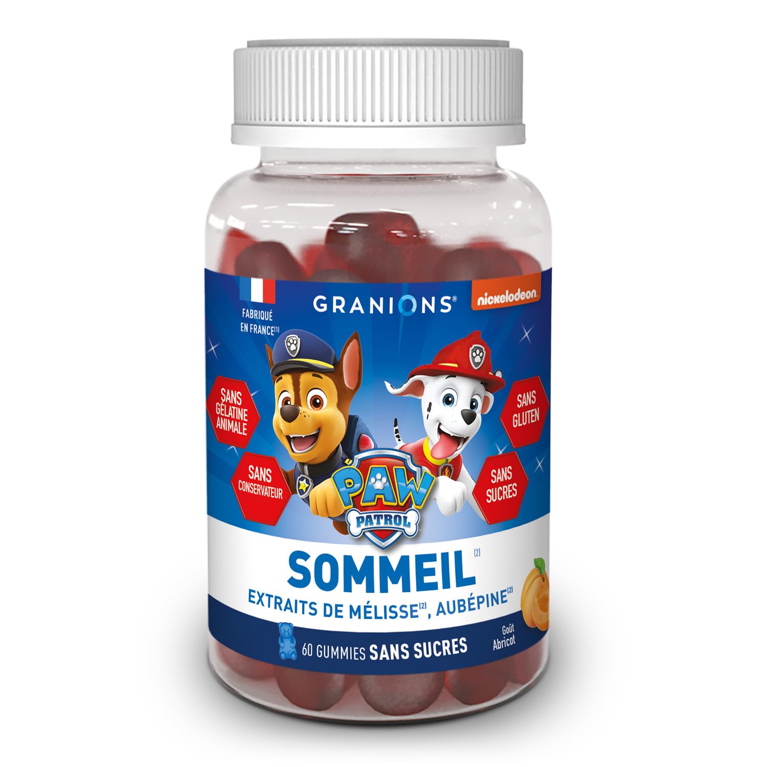 GRANIONS Gummies sommeil PAT PATROUILLE | Complement alimentaire | Relaxation, sommeil sain | Extrait de mélisse, aubépine | Goût abricot | Sans gélatine animale, sans sucres | Made in FR | 60 gummies