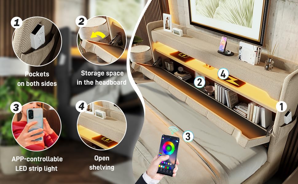 Gecheer Polsterbett Doppelbett 140 * 200, Stauraum Kopfteil mit USB und Typ C-Port, 360-Surround-LED-Funktion, Betten mit Hydraulisch Stauraum, Leinen, Beige for Schlafzimmer – Bild 8