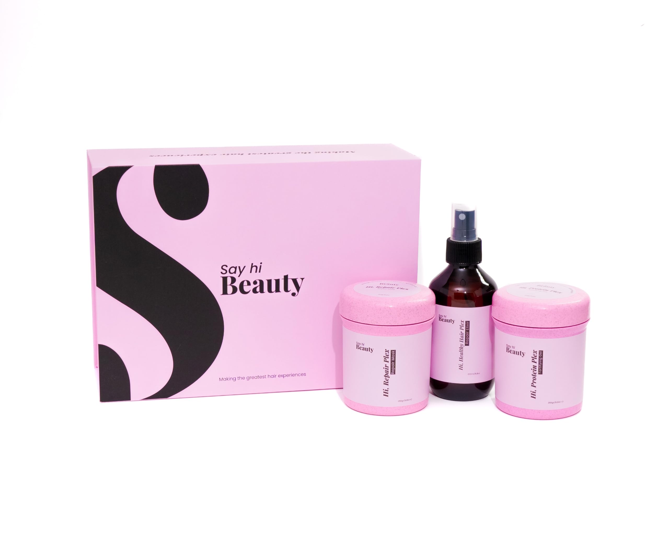 Say Hi Beauty | Beauty Plex Kit| Hi Protein Plex Fortifying Gel, Hi Healthy Hair Plex Repair Elixir, Hi Repair Plex Repair Mask. 3 Steps. Repairs,
