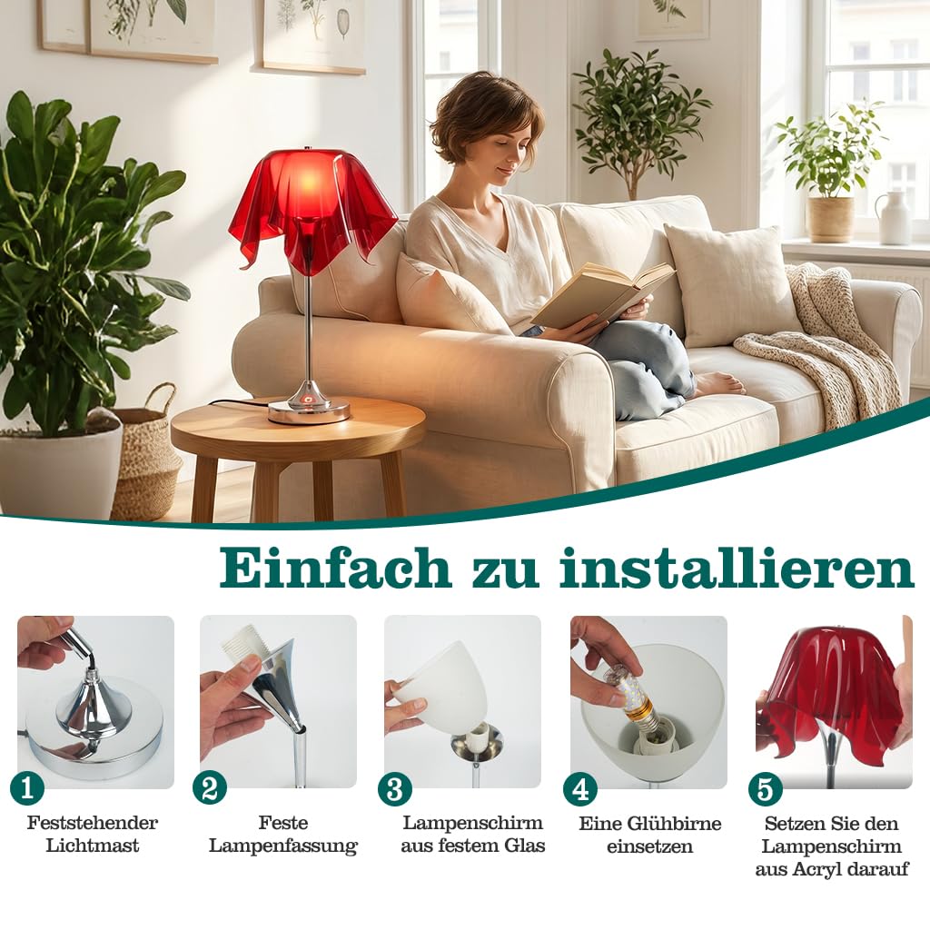 Rote Tischlampe,Schreibtischlampe E27 Mit Akryl Falten Schirm Und Chrom Ständer,Nachttischlampe Für Wohnzimmer,Schlafzimmer, Büro,Leselampe und Moderne Tischlicht,Keine Glühbirne Enthalten
