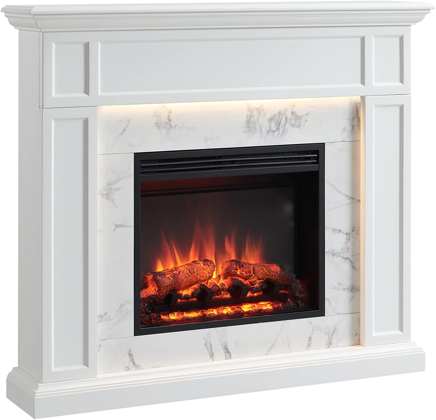 LegendFlame Fireplace Suite Sheraton, 48 Inch Mantel Surround, Cream White with Snow White Marble Pattern Finish, with 23 Inch Electric Fireplace Insert, 750W/1500W, Mood Light, Remote Control - Thumbnail 4