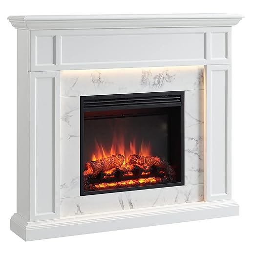 LegendFlame Fireplace Suite Sheraton, 48 Inch Mantel Surround, Cream White with Snow White Marble Pattern Finish, with 23 Inch Electric Fireplace Insert, 750W/1500W, Mood Light, Remote Control