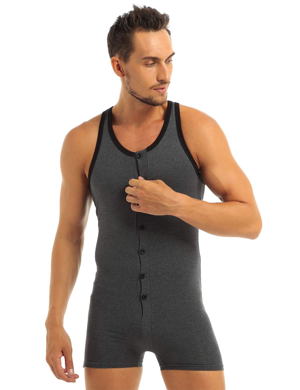 tuta da uomo in cotone con gamba, senza maniche, canotta sportiva, biancheria intima con bottoni, body da uomo grigio. L