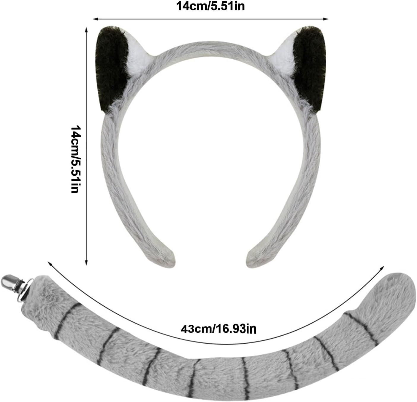 Animal Ears Headband – Plush Fabric Size | Lemur Ear Tail Costume Set Dress Up Accessory Stage Performance Cosplay Outfit |