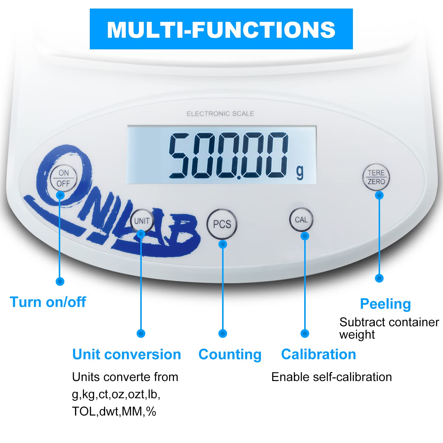 ONiLAB Balanza analítica de laboratorio 5000 x 0,01 g (11 x 0,0.9 kg) 0,01 g, escala electrónica de alta precisión, pantalla LCD, escala científica con calibración y recuento de piezas, conversión de