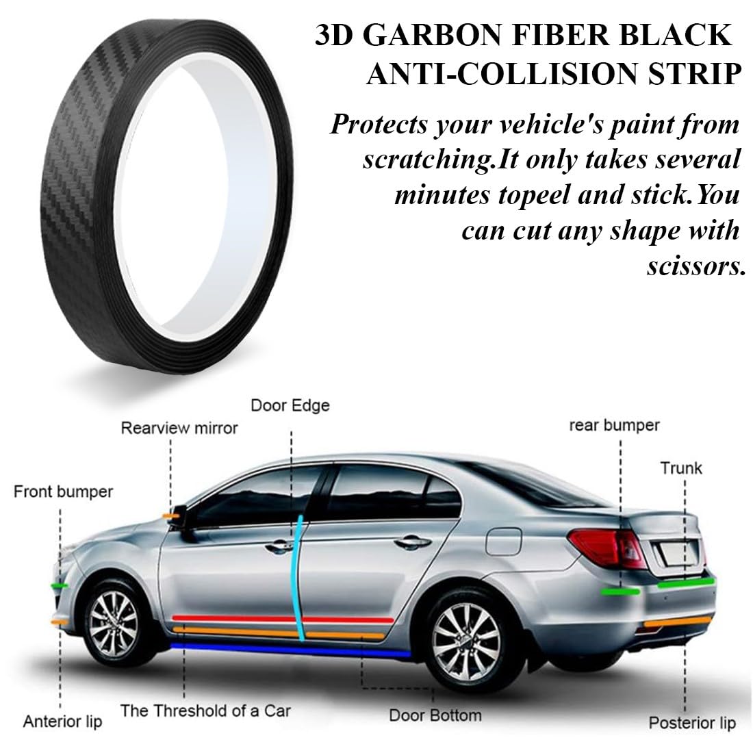 Nastro Adesivo In Carbonio - 5 Metri, Autoadesivo Per Auto, Moto, Protezione Bordi - Foto 2